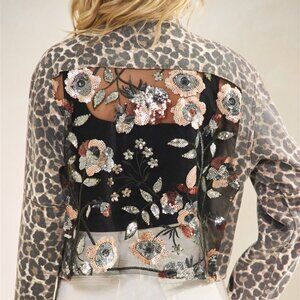new VEVERET leopard denim jacket sequins accent floral back SM-LG unique rare